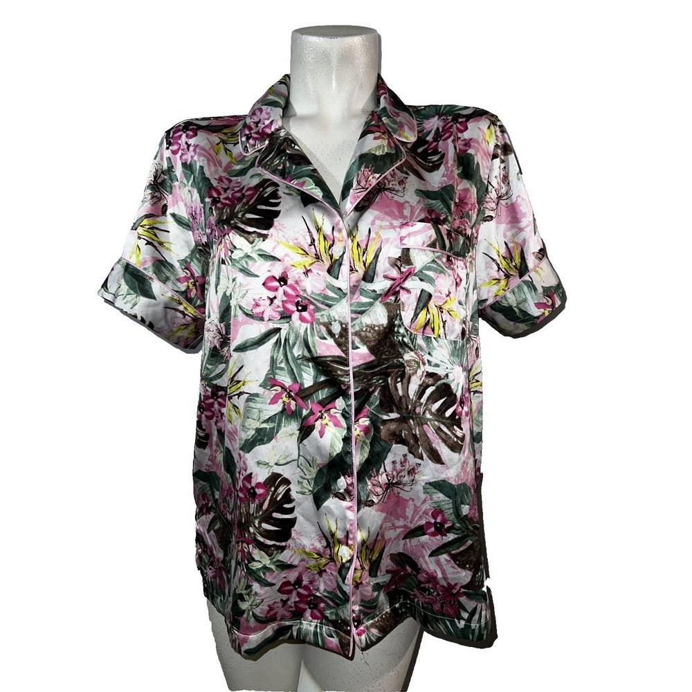 Victorias Secret Pink Tropical Floral Satin Pajama Top Short Sleeve PJ Size M
